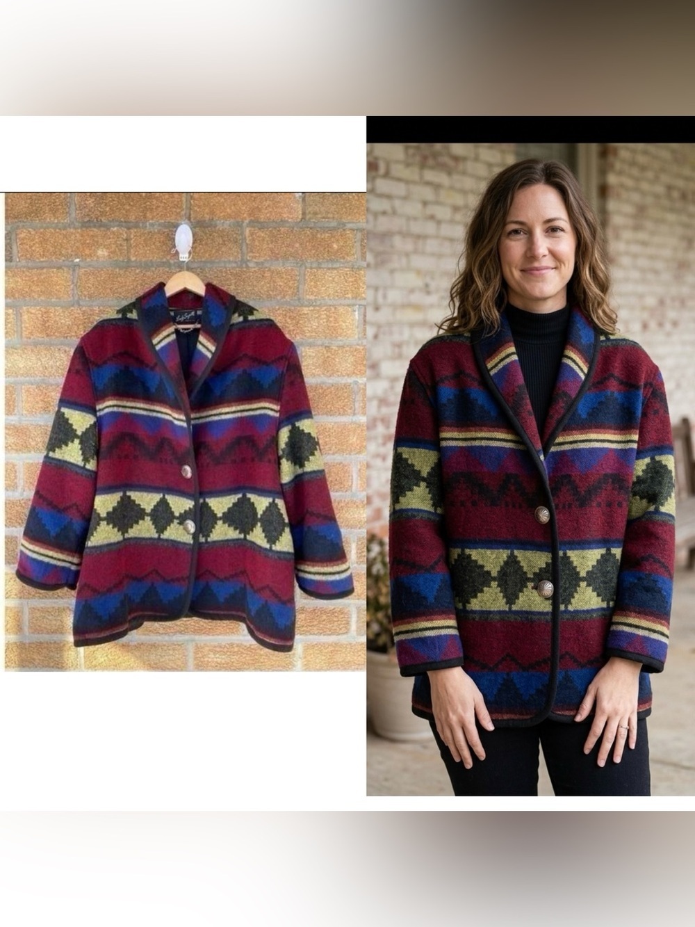 Vtg Lady Suzette Southwestern Aztec Wool Blend Blanket Coat XL Oversized Concho